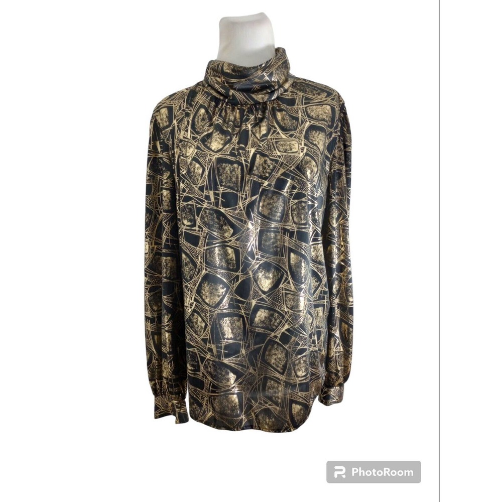 Vtg Lauren Lee Shiny Black Gold Foil Geometric Print Long Sleeve Blouse Size M/L